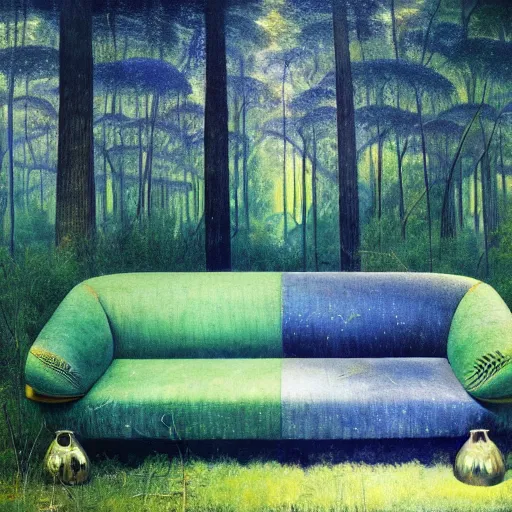 Image similar to psychedelic couch sofa in the lush pine forest, milky way, designed by arnold bocklin, jules bastien - lepage, tarsila do amaral, wayne barlowe and gustave baumann, cheval michael, trending on artstation, canada, star, sharp focus, colorful refracted sparkles and lines, soft light, 8 k 4 k