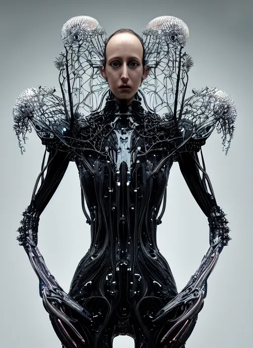 Prompt: forest iris van herpen gothic inflateble dark dress, perfect symmetrical body, helmet on face, full body shot, inflateble shapes, wires, tubes, veins, jellyfish, white biomechanical details, wearing epic bionic cyborg implants, masterpiece, intricate, biopunk, vogue, highly detailed, artstation, concept art, cyberpunk, octane render