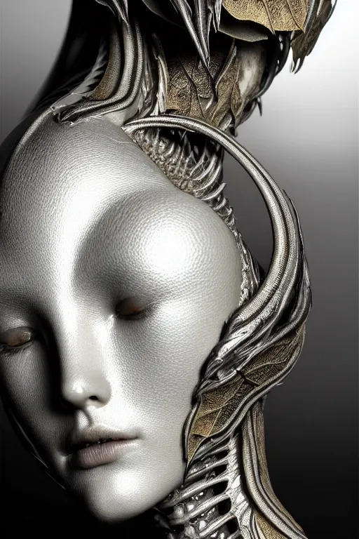 Image similar to bw close - up profile face, black background, beautiful young porcelain vegetal - dragon - cyborg - female, 1 5 0 mm, beautiful natural soft rim light, silver gold details, magnolia leaves and stems, roots, mandelbot fractal, elegant, ultra detailed, white metallic armour, octane render, h. r. giger style