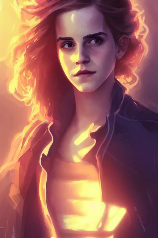 Image similar to portrait of Emma Watson as Hermione Granger in cyberpunk, neon lighting, digital art from artstation by Ruan Jia and Mandy Jurgens and Artgerm and william-adolphe bouguereau and Greg Rutkowski and Wayne Barlowe