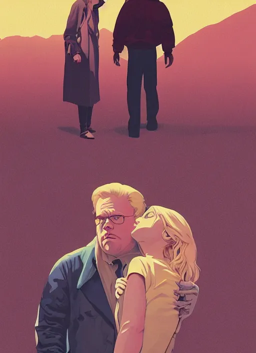 Image similar to poster artwork by Michael Whelan and Tomer Hanuka, Karol Bak of Naomi Watts & Philip Seymour Hoffman falling in love, from scene from Twin Peaks, clean, simple illustration, nostalgic, domestic, full of details