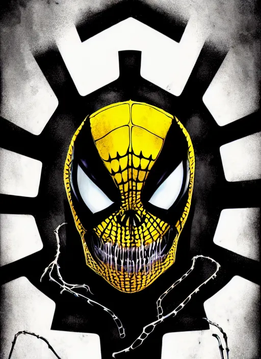 Prompt: highly detailed closeup portrait of a cyborg venom symbiote in spiderman suit with skeleton skull head, black hoodie by atey ghailan, by greg rutkowski, by greg tocchini, by james gilleard, by joe fenton, by kaethe butcher, gradient, yellow, black, brown and white color scheme, grunge aesthetic!!! white graffiti tag wall background