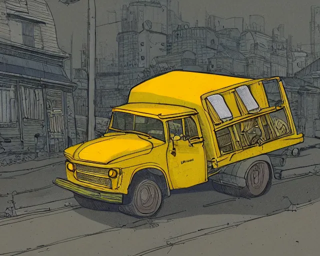 Image similar to a study of cell shaded cartoon of a yellow truck on a country road, street lamps, road, illustration, wide shot, subtle colors, post grunge, concept art by josan gonzales and wlop, by james jean, Victo ngai, David Rubín, Mike Mignola, Laurie Greasley, highly detailed, sharp focus, alien, Trending on Artstation, HQ, deviantart, art by artgem