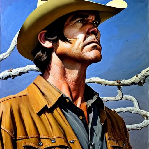 Prompt: portrait of josh brolin as llewelyn moss in no country for old men. 7 0 s cowboy clothes and environment. flat colours. oil painting by lucian freud. path traced, highly detailed, high quality, j. c. leyendecker, drew struzan tomasz alen kopera, peter mohrbacher, donato giancola