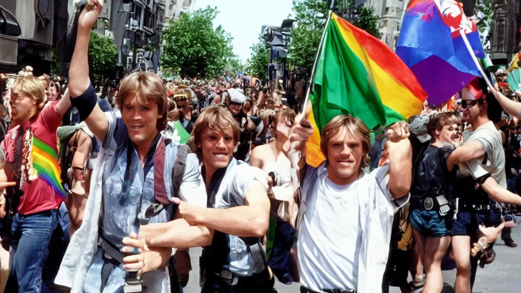 Image similar to rotj luke skywalker and the mandalorian go to pride, getty images, victorious, flags, parade, gay rights, bright smiles, daylight, twenty three year old luke skywalker and din djarin at gay pride, 3 5 mm photography, young mark hamill and pedro pascal, very happy, smiling