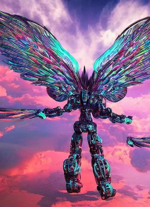 Image similar to / imagine a 3 d render of a huge robot with feathered wings attached to its back. saturated colors, ultra detailed, hyper realistic, intricate, japanese, futuristic,