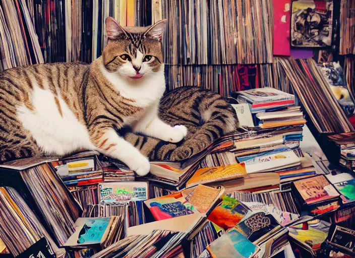 Image similar to photography of a Cat sitting on a pile of books and vinyls. a record player is in the shot. in a room full of vinyls and posters out of the 70's, photorealistic, raining award winning photo, 100mm, sharp, high res