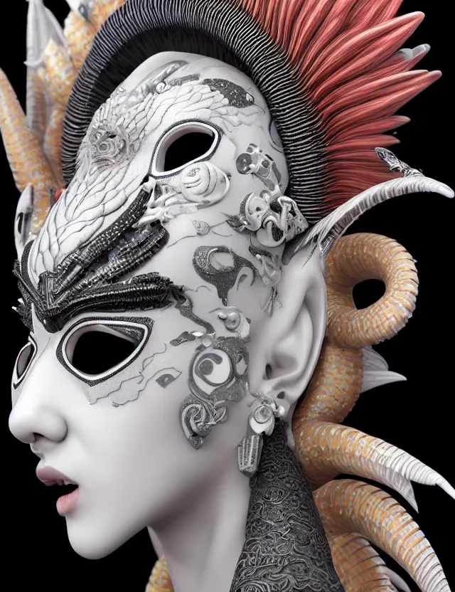 Image similar to 3 d goddess close - up profile portrait punk with mohawk with ram skull. beautiful intricately detailed japanese crow kitsune mask and clasical japanese kimono. betta fish, jellyfish phoenix, bio luminescent, plasma, ice, water, wind, creature, artwork by tooth wu and wlop and beeple and greg rutkowski