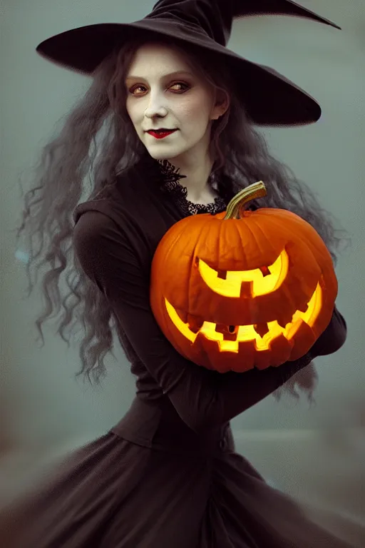 Image similar to portrait of a ghoulish victorian witch holding a jack - o - lantern, halloween night, charlie bowater, artgerm, ilya kuvshinov, krenz cushart, ruan jia, realism, ultra detailed, 8 k resolution