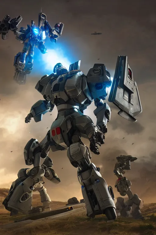 Image similar to mechwarrior 5 : mercenaries mech megaman transformer robot boss tank engine game octane render, 4 k, hd 2 0 2 2 3 d cgi rtx hdr style chrome reflexion glow fanart, global illumination ray tracing hdr fanart arstation by sung choi and eric pfeiffer and gabriel garza and casper konefal pixar and disney unreal zbrush central hardmesh