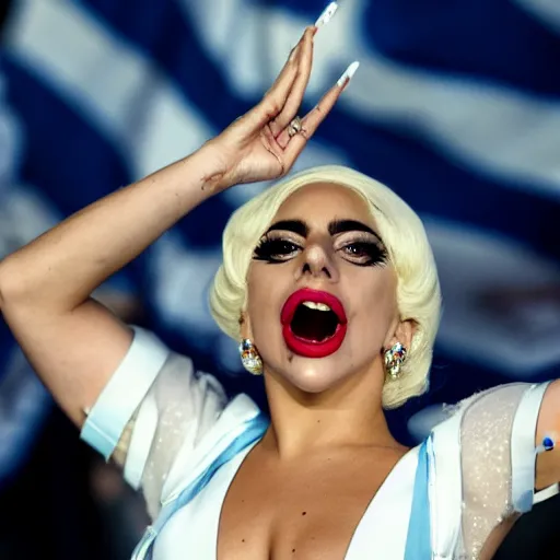 Image similar to Lady Gaga as Evita, Argentina presidential rally, Argentine flags behind, bokeh, epic photo, detailed face, Argentina