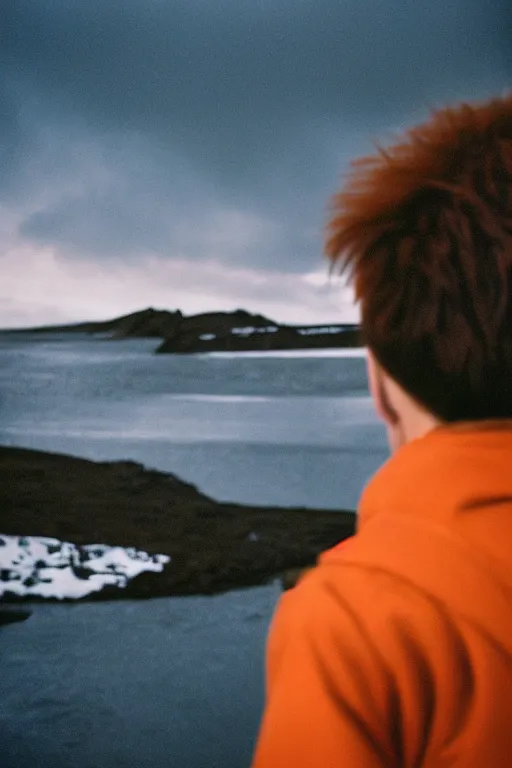 Image similar to kodak color plus 2 0 0 photograph of a skinny guy looking at beautiful iceland scenery, front view, vaporwave colors, grain, moody lighting, moody aesthetic,