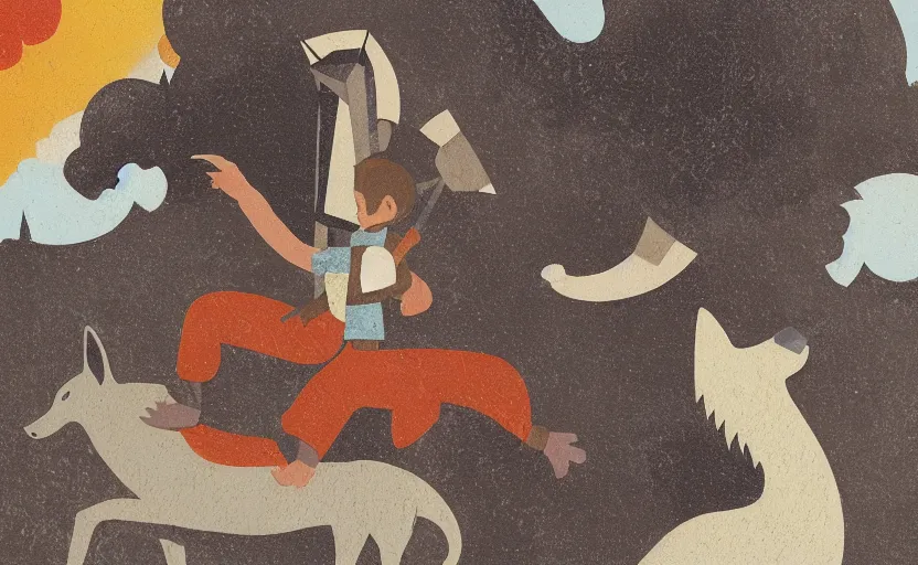 Image similar to a boy fighting a wolf on the edge of a clocktower, storybook, muted colors, gouache, flat, sharp edges, print