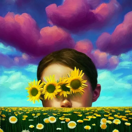 Image similar to head made of giant daisy, girl standing in a vast flower field, holding flowers, surreal photography, sunrise dramatic light, impressionist painting, colorful clouds, large sky, digital painting, artstation, simon stalenhag, flower face