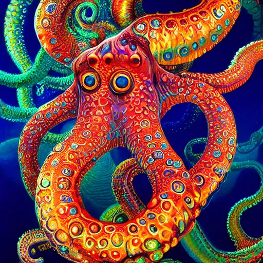 Image similar to fiery whimsical emotional eyes cephalopod with colorful bifrost tentacles, surreal painting by Ernst Haeckel, in a photorealistic macro photograph with shallow DOF, artstation