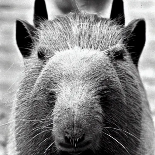 Image similar to criminal mugshot of an capybara, black and white, 1970s photo