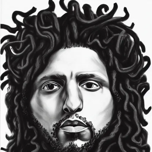 Prompt: zach de la rocha, portrait, face of medusa head, greek, drawing