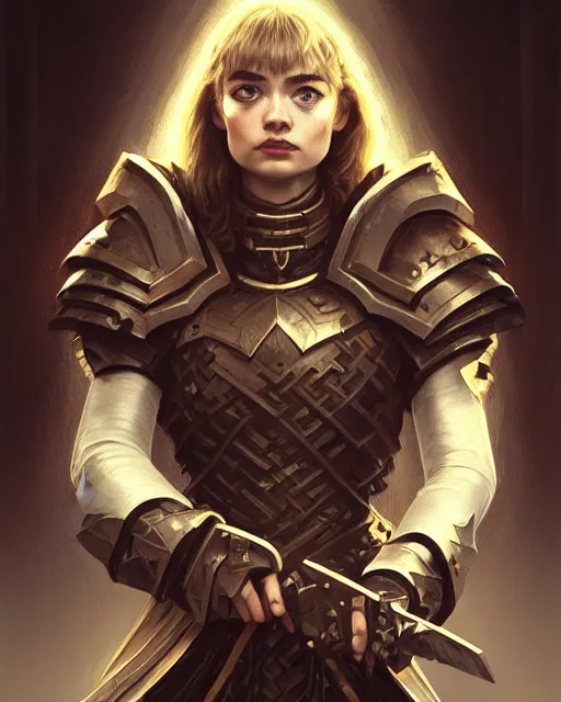 Prompt: dark future portrait of imogen poots as a warhammer paladin by sasha tudvaseva, deep focus, intricate, elegant, regal, highly detailed, digital painting, artstation, concept art, matte, sharp focus, illustration, warhammer, fantasy, hearthstone, art by artgerm and greg rutkowski and alphonse mucha