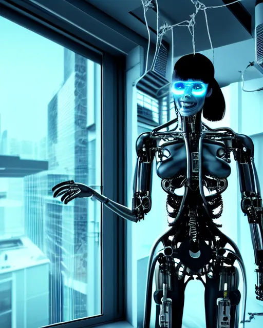 Image similar to a terminator cyborg lady with borg implants, and is hanging from cables and wires off the ceiling of a lab. her bottom half is missing with cables hanging out. she is taking a sip from a cup of coffee. tiny green led lights in her cybernetics. sophisticated lab in the background, with dystopian city visible through the window. very detailed 8 k. horror cyberpunk style.