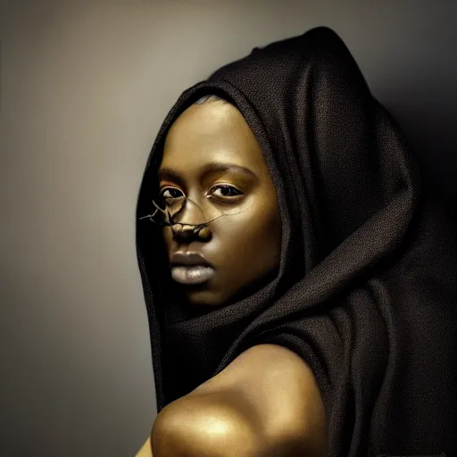 Image similar to a portrait of a young black woman wearing a long dark cloak, hood and shadows covering face, anatomically correct, beautiful perfect face, enigmatic, oil painting, matte painting, black background, Volumetric Golden dappled dynamic lighting, Highly Detailed, Cinematic Lighting, Unreal Engine, 8k, HD, by Beksinski