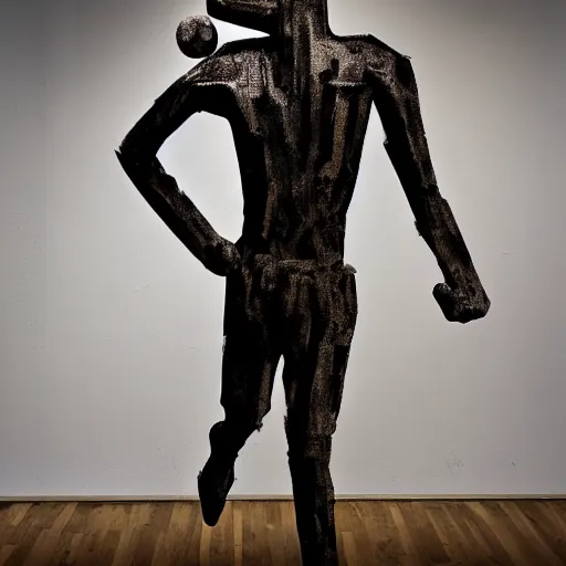 Prompt: a contemporary art sculpture of a tall man running with long arm and a big head, metal, thick paint, intricate, dirty, leds, indoor, studio lighting, hyper realistic, detailed, 8 k