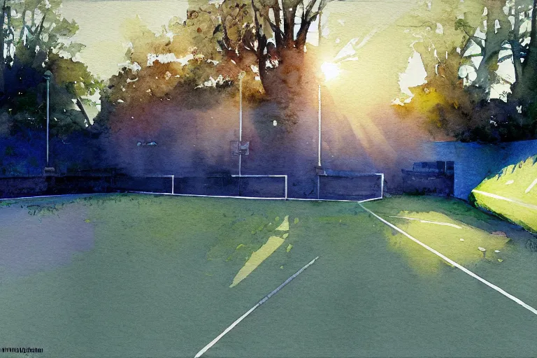 Prompt: small centered on watercolor paper, paint brush strokes, abstract watercolor painting of tennis court, daylight, shadows, covering foliage over luxurious brick road, sunlight shining through, translucent leaves, cinematic light, national romanticism by hans dahl, by jesper ejsing, by anders zorn, by greg rutkowski, by greg manchess, by tyler edlin