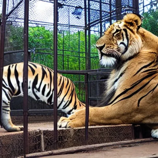 Prompt: lion and a tiger roaring in cage at the zoo