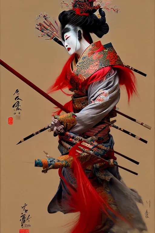 Prompt: an insane kabuki warrior wielding a spear while emitting a visible aura of madness, intricate kimono, red wig, crossed eyes, hazy atmosphere, high energy, in the style of fenghua zhong and ruan jia and jeremy lipking and peter mohrbacher, mystical colors, rim light,