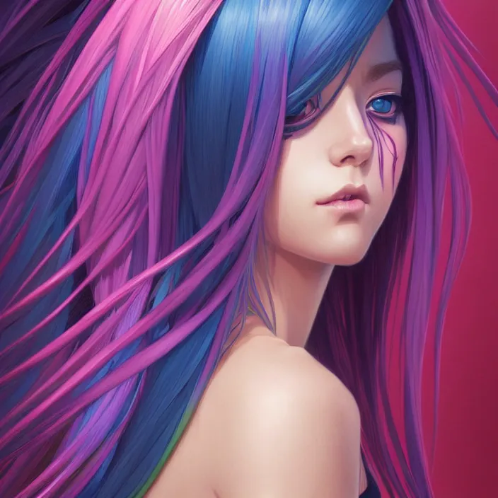 Image similar to portrait of beautiful symmetrical anime girl, rainbow hair, attractive, casual, modern, victoria's secret, highly detailed, digital painting, artstation, concept art, smooth, sharp focus, illustration, art by moebius, artgerm, greg rutkowski and alphonse mucha, 8 k,