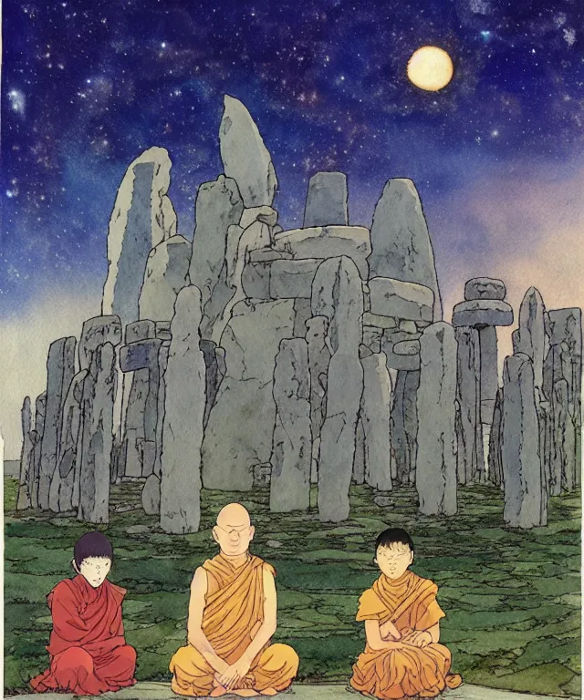 Prompt: a hyperrealist studio ghibli watercolor fantasy concept art. in the background is a giant long haired grey witch in lotus position sitting on top of stonehenge with a starry sky in the background. in the foreground is a group of tiny monks are on their knees. by rebecca guay, michael kaluta, charles vess