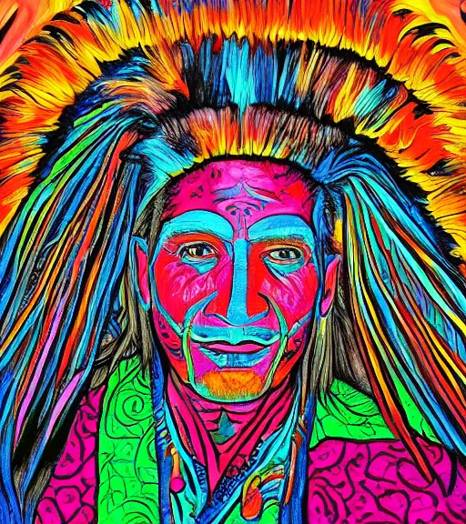 Prompt: Portrait painting in psychodelic style of an old shaman dressed in a colorful traditional clothes.