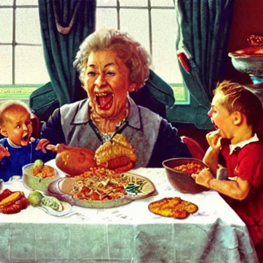 Image similar to hyper realistic hight detailed grandmother with a big mouth eating babies andivan shishkin on the table in the russian kitchen, by norman rockwell, bright colors, 4 k, 1 6 k, 3 2 k, photorealistic, cartoon style