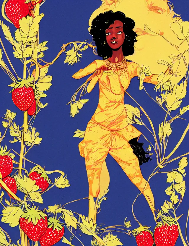 Prompt: black - skinned princess of the strawberry cream valley. this heavily stylized gouache and gold leaf work by an indie comic artist has interesting color contrasts, plenty of details and impeccable lighting.