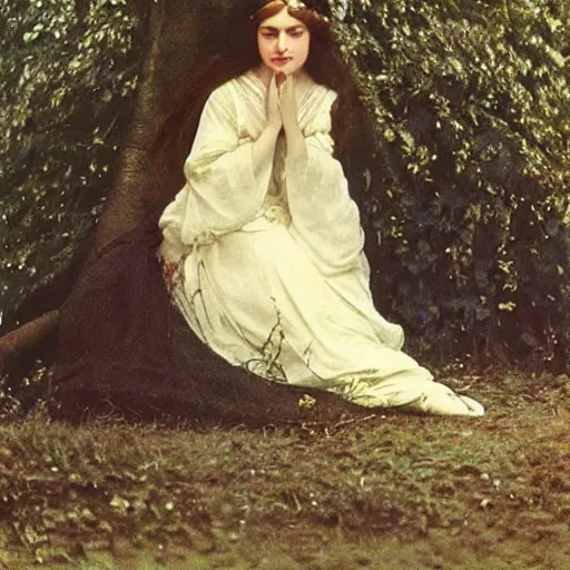 Prompt: Autochrome photograph of a princess with long brown hair sitting under a tree, wearing a ceremonial royal gown, vintage, 1930s, film grain, trending on pinterest, shot from afar, pre raphaelite, contemplative expression, john waterhouse, Julia Margaret Cameron, John Everett Millais