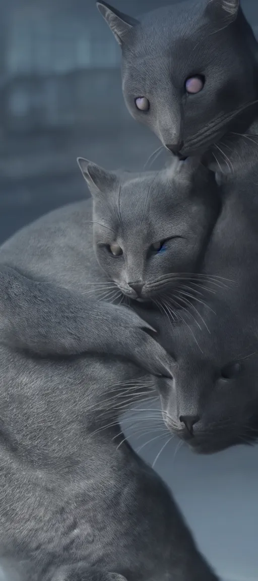 Image similar to black seal hugging gray cat, romantic in cyberpunk world, dramatic, cinematic footage, volumetric iight, octan render 4 k