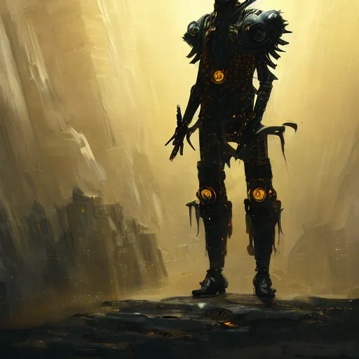 Image similar to anthropomorphic cyberpunk warrior stands tall wearing black and gold armor, oil painting, Tooth Wu, Greg Rutkowski, RPG, dynamic lighting, fantasy art, High contrast, depth of field, landscape, scenery