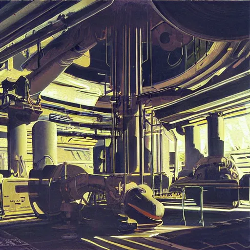 Image similar to painting of an ancient civilzation interior engine room, syd mead