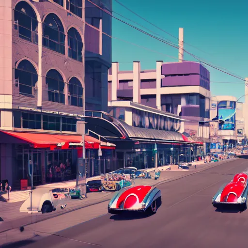 Image similar to street scene, retro futuristic vintage shiny polished traffic mainly cars and motorcycles, volumetric lighting, beautiful, day time, spring, sunny weather, sharp focus, highly detailed, photorealistic, 4 0 0 0 k, f 1. 4, cgsociety