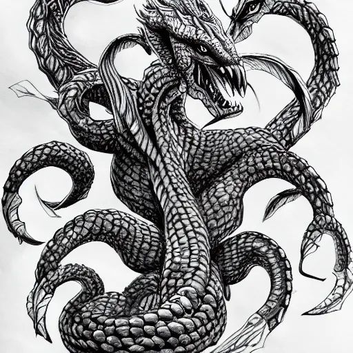 Image similar to highly detailed drawing of a mythical hydra, hyperrealistic, photorealistic, artstyle, highly detailed, sharp