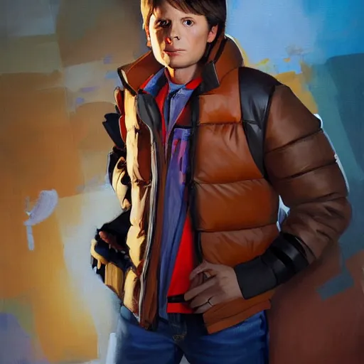 Image similar to greg manchess portrait painting of marty mcfly from back to the future as overwatch character, medium shot, asymmetrical, profile picture, organic painting, sunny day, matte painting, bold shapes, hard edges, street art, trending on artstation, by huang guangjian, gil elvgren, ruan jia, randy vargas, greg rutkowski