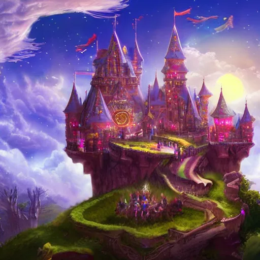 Image similar to enchanted magic castle in the sky, digital art, beautiful composition, highly detailed, trending on artstation, devianart, cgsociety