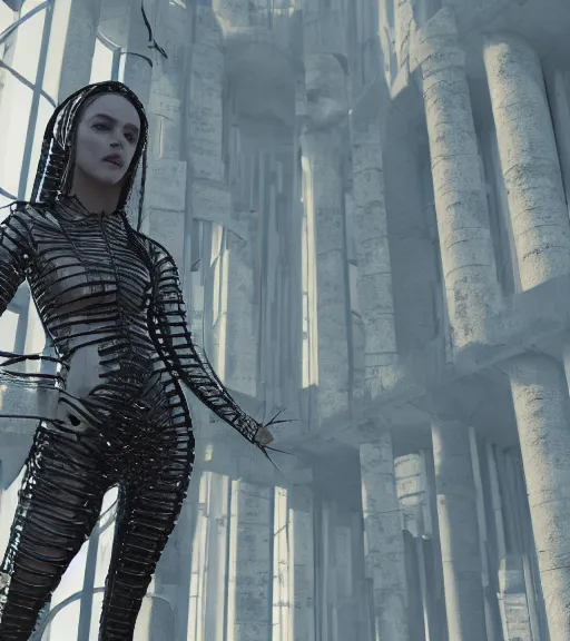 Prompt: tarkovsky greatest scene, the ancient destroyed majestic tower of babylon, woman in futuristic cyber clothing, transparent puffer jacket, hyper realistic, blockchain, cyber world, ambient lighting, concept art, intricate, hyper detailed, smooth, dynamic volumetric lighting, octane, ray trace, cinematic, high quality, high resolution, 4 k, cgsociety