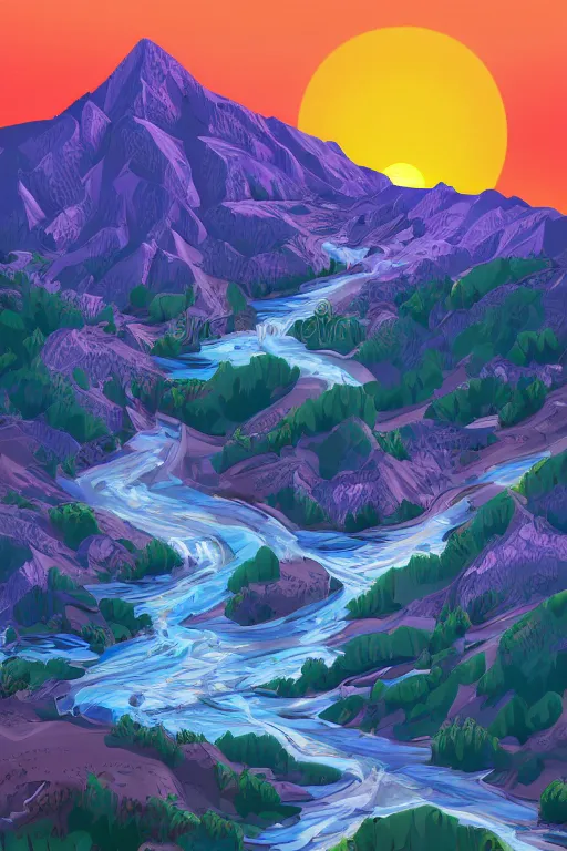 Image similar to sunrise mountain water vector illustration digital art by frankentoon studio trending on artstation