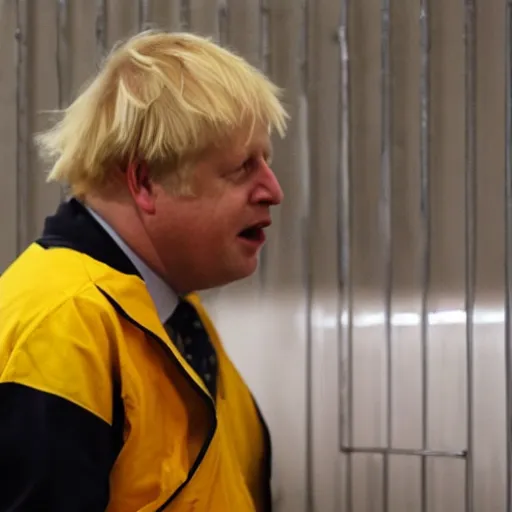 Image similar to Boris Johnson crying on his knees in a jail cell