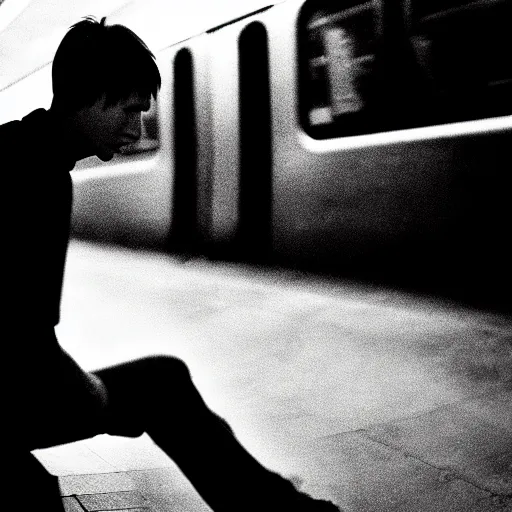 Image similar to tony hawk with his legs cut off crying on a subway train, photograph, black and white, emotional lighting, moody shadows, 4 k