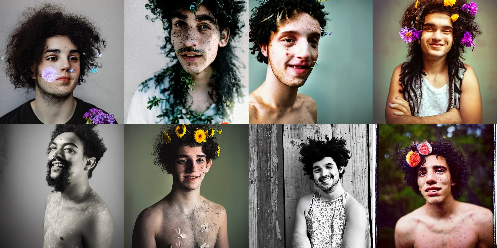 Prompt: portrait of atwo college students embracing. one with light freckles wearing flowers in his black curly hair. he is wearing a glittering tanktop, he is smirking shyly into the camera for a cover of a gay print magazine, f 1. 8, experimental analog photography lomo, softfocus, smooth face, inspired by henry scott toke