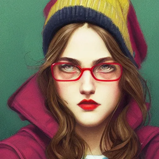 Prompt: girl wearing a yellow jacket a green beanie, gray shirt, thick eyebrows, dark red lips, round eyeglasses, highly detailed, digital painting, artstation, concept art, smooth, sharp focus, illustration, art by artgerm and greg rutkowski and alphonse mucha