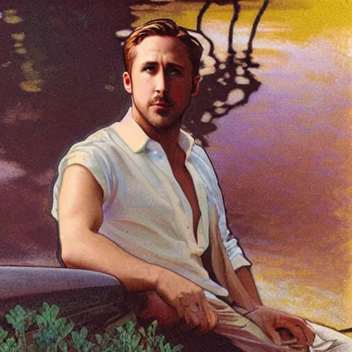 Prompt: A delicate painting of Ryan Gosling in Drive 2011 sitting at a pond, by Alphonse Mucha, art nouveau, detailed, elegant