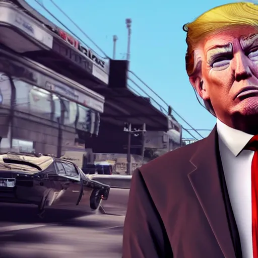 Image similar to donald trump in gta v, videogame render, 4 k, artstation