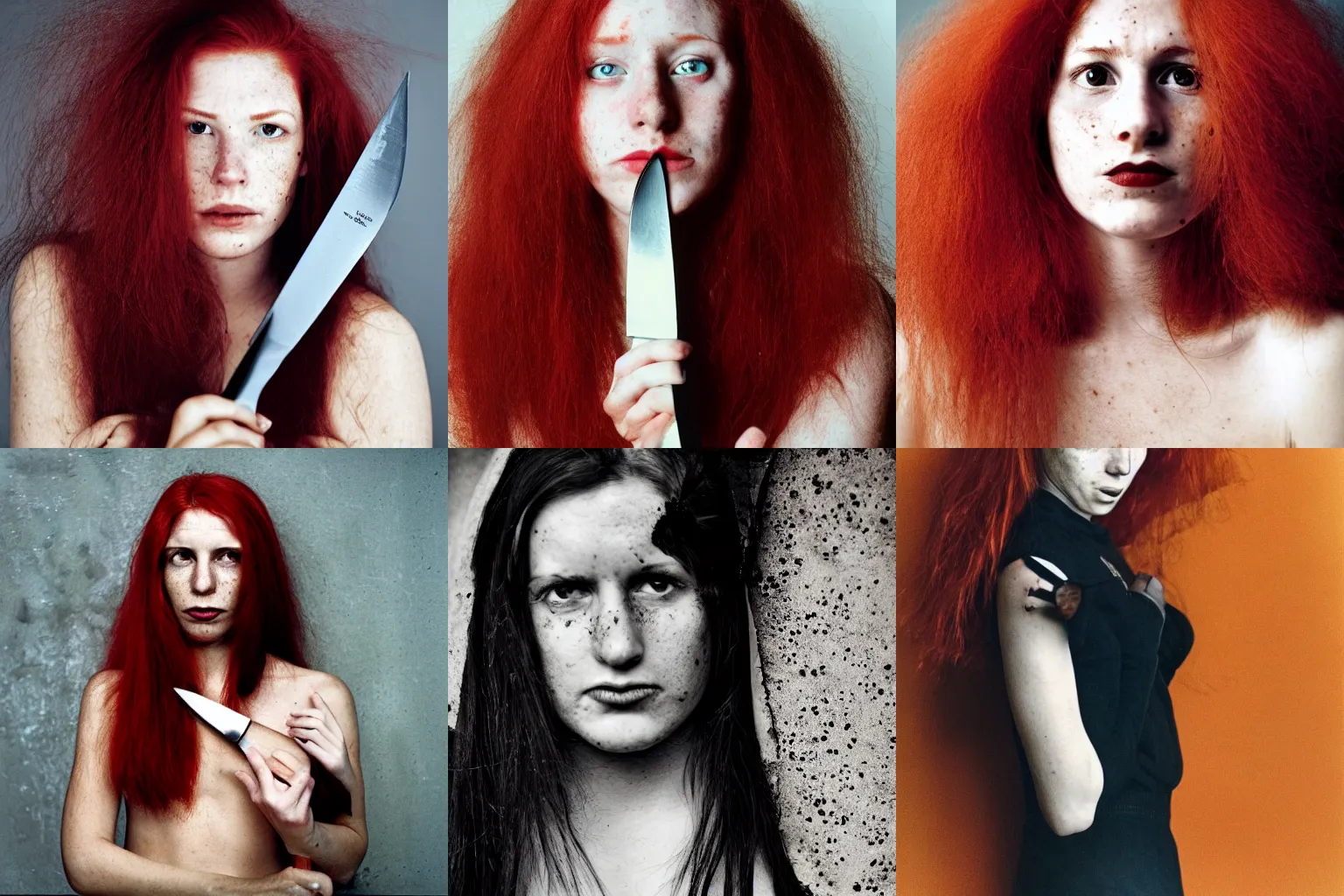 Prompt: photograph of a 25 year old woman holding a knife taken by Annie Leibovitz, red hair, freckles